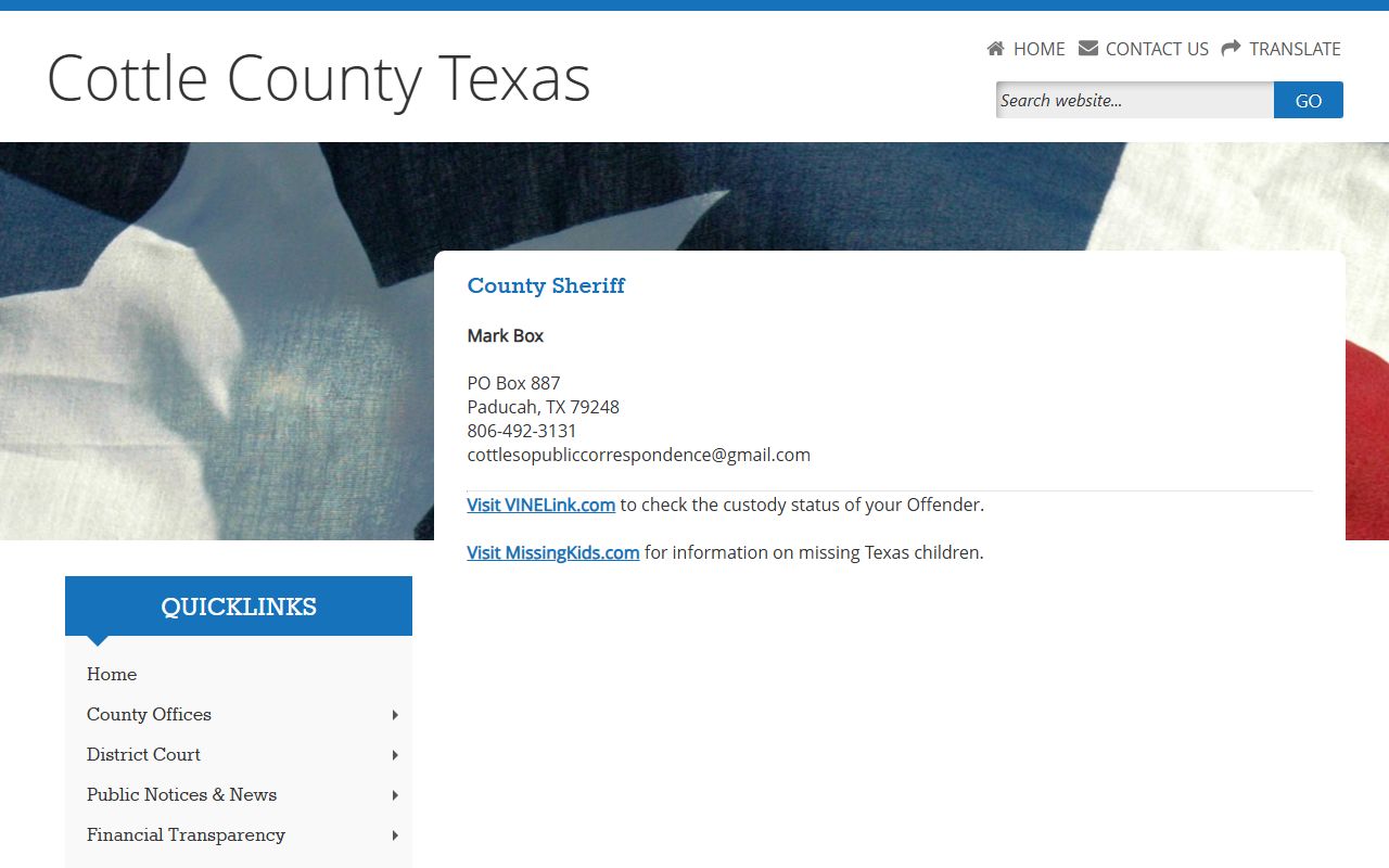 Cottle County Sheriff's Office custody contact page