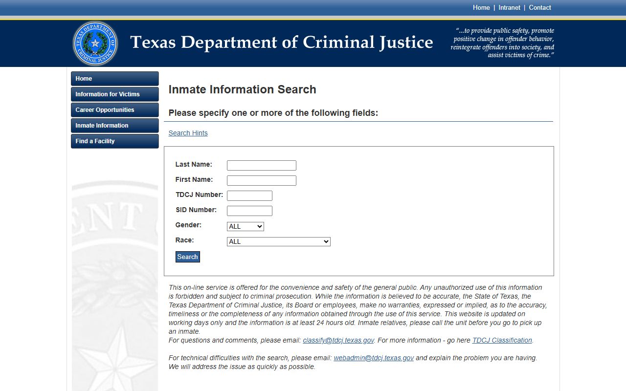 Cottle County sentenced inmate records TDCJ search form